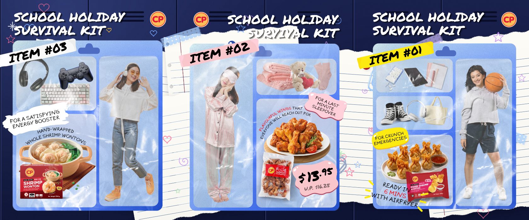CP Foods School Holiday Survival Kit carousel — three swipeable frames reframing CP products inside a teen's day: gaming, sleepover and crunch emergencies