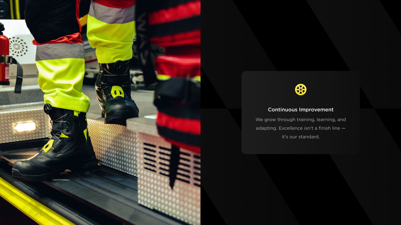 First Ambulance crew boots and gear on the ambulance step — real operations