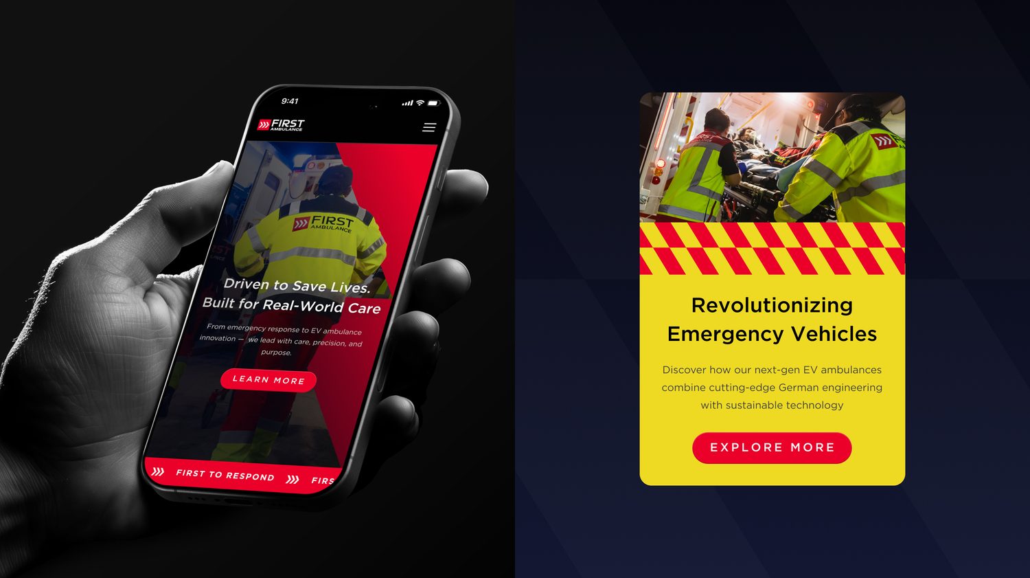 First Ambulance brand system — logo lockup, standby status and crew photography