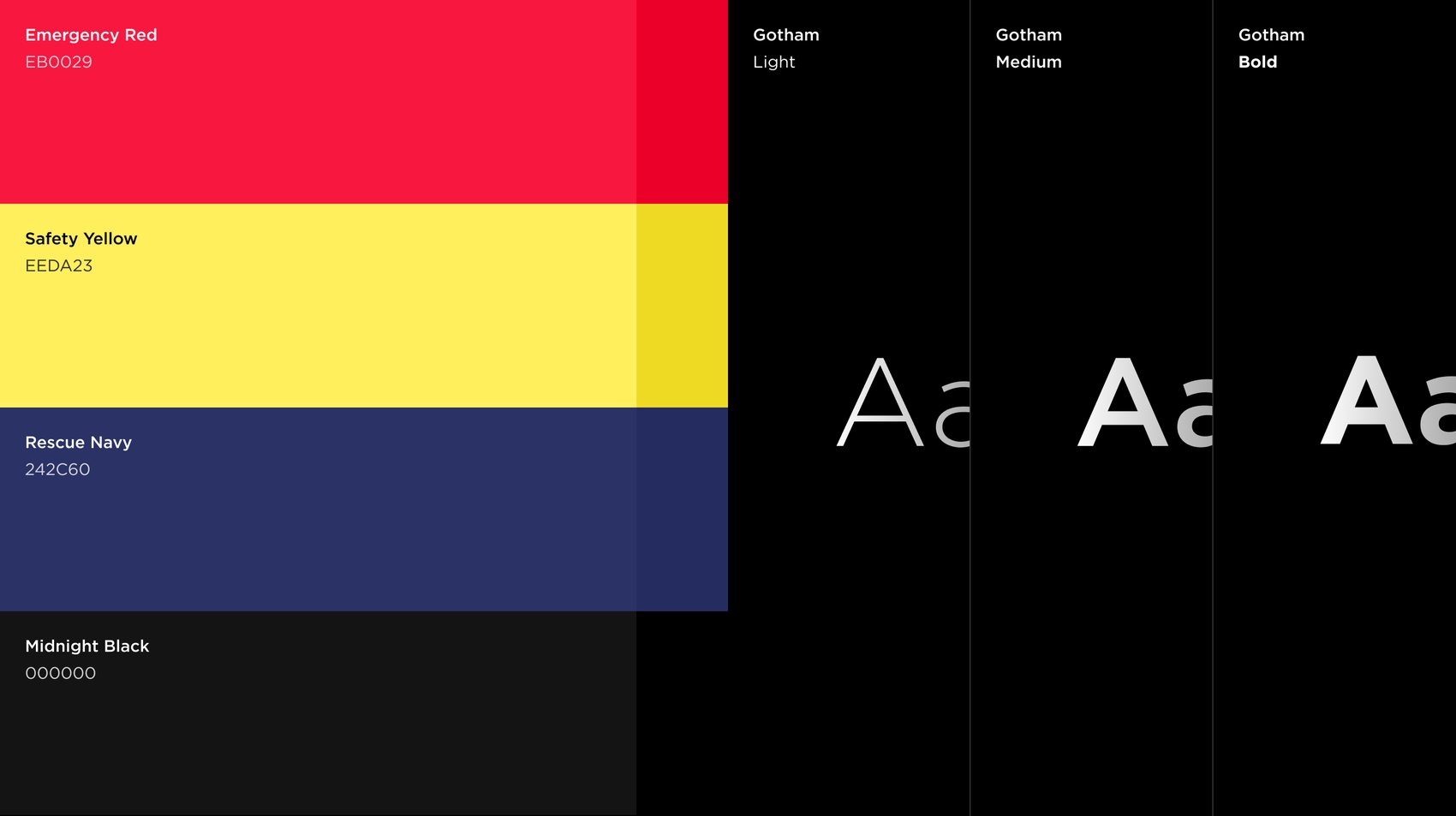 First Ambulance colour palette and type — Emergency Red, Safety Yellow, Rescue Navy, Midnight Black, set in Gotham