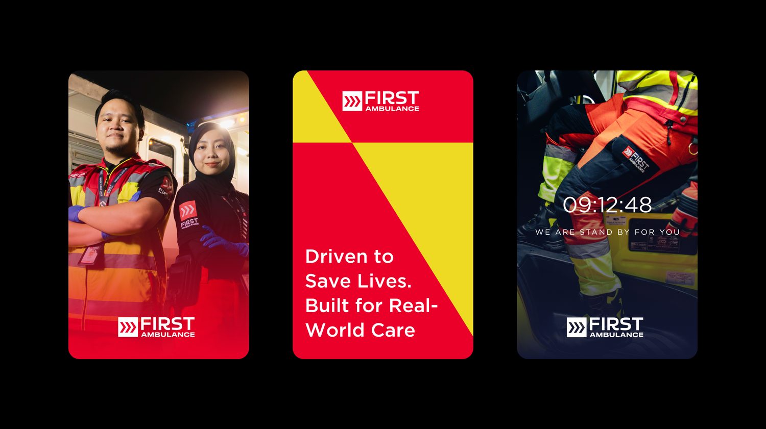 First Ambulance brand world — crew portraiture, mission statement and live standby status