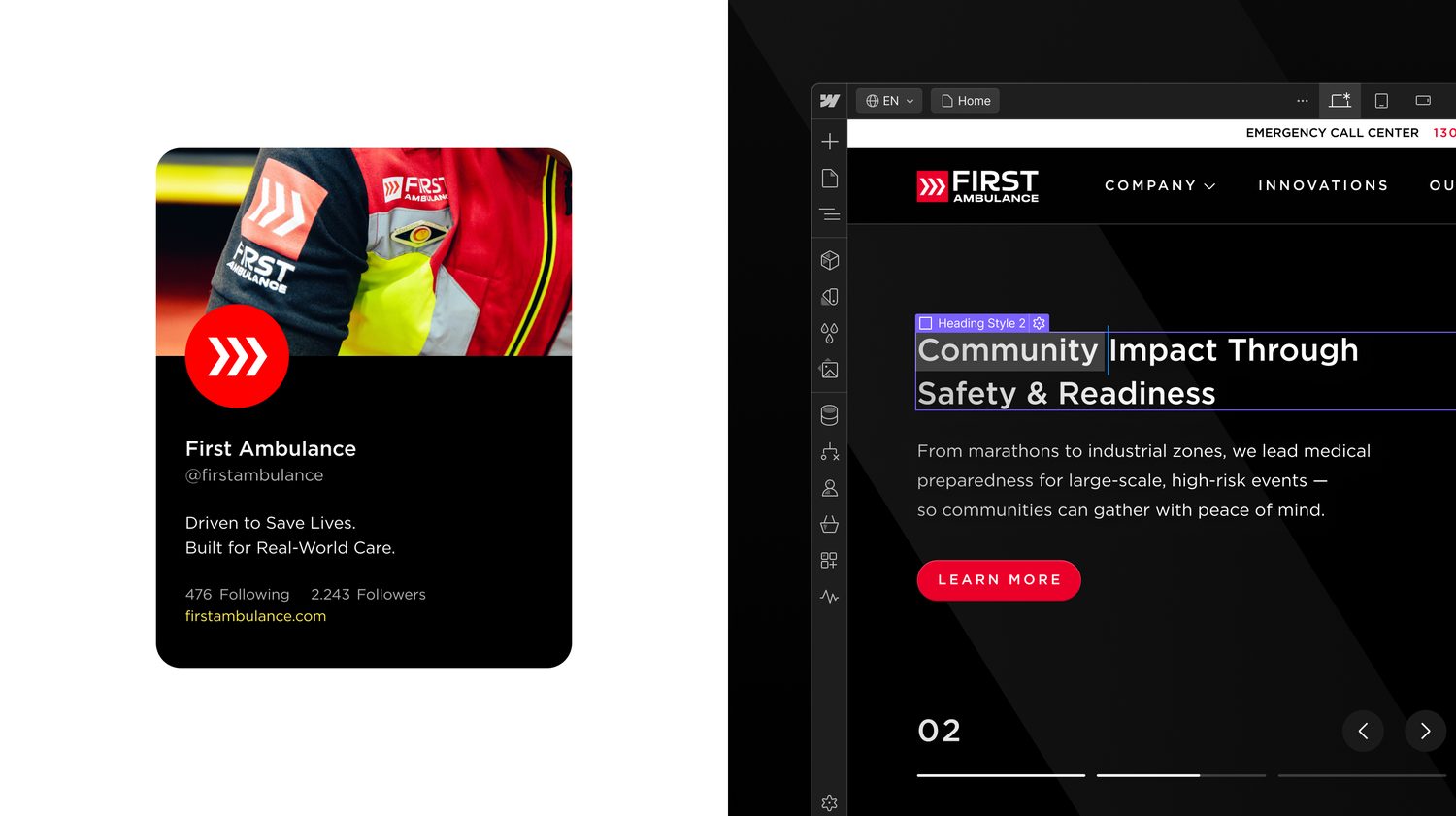 First Ambulance design carried into a hand-built Webflow site, shown mid-edit in the Webflow designer