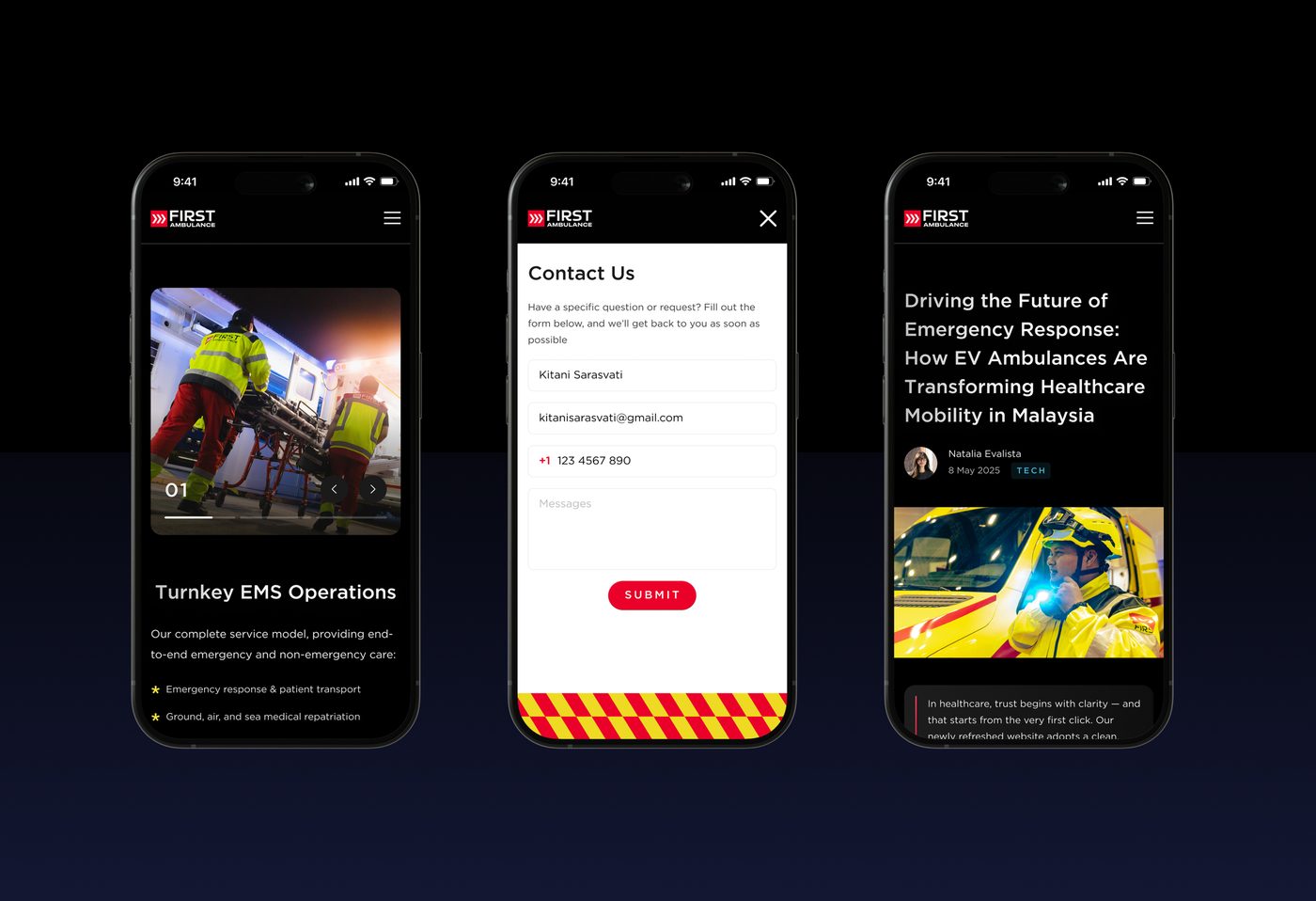 First Ambulance responsive mobile screens — turnkey EMS operations, contact form and press article on EV ambulances
