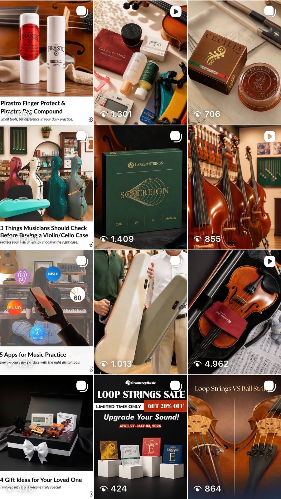 Redesigned Gramercy Music Instagram feed — a clean, premium grid of luxury product and lifestyle posts