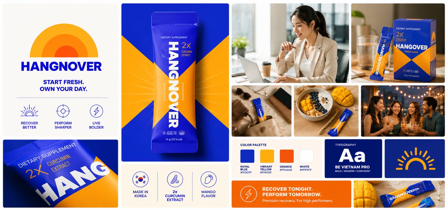 HangNOver brand board — logo, sachet and box packaging, lifestyle photography, colour palette and typography