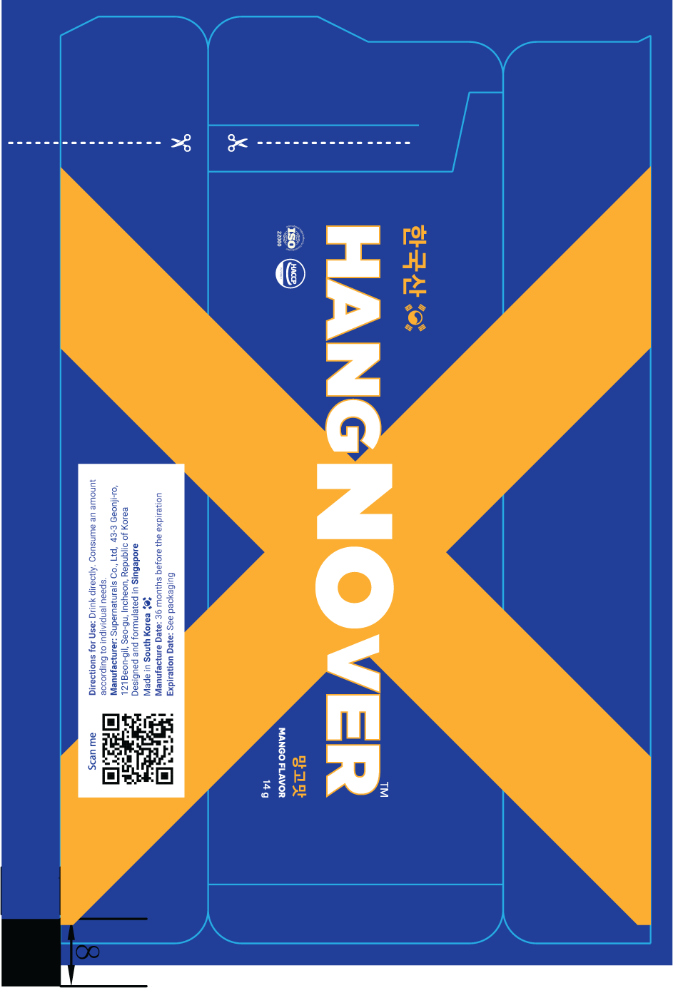HangNOver packaging dieline — royal-blue box with mango-orange device and HANGNOVER wordmark